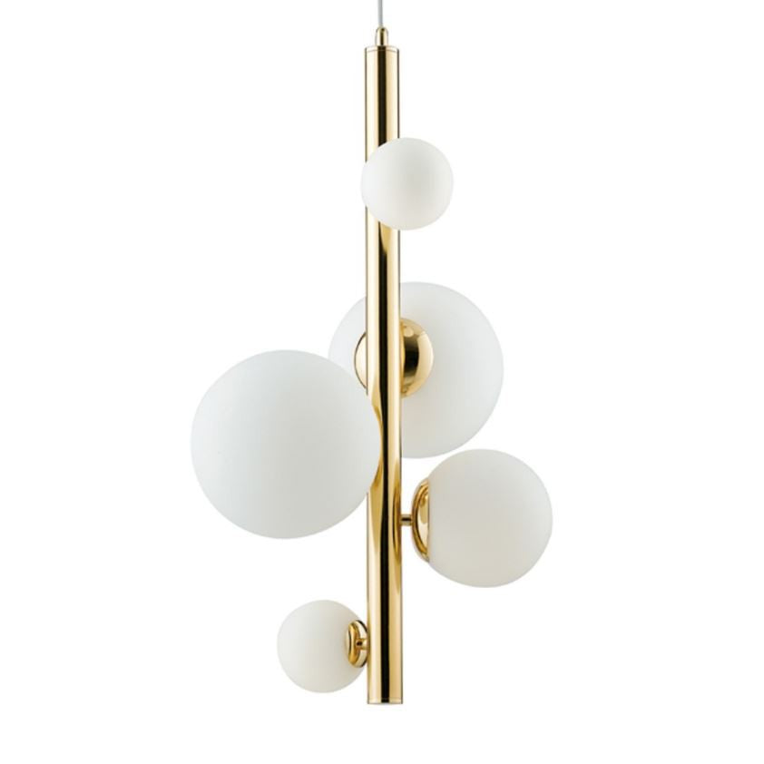 Sospensione 5 luci sfera vetro opale struttura oro lucido 5XG9 non incl. HERA Sospensione 5 luci sfera vetro opale struttura oro lucido 5XG9 non incl. HERA